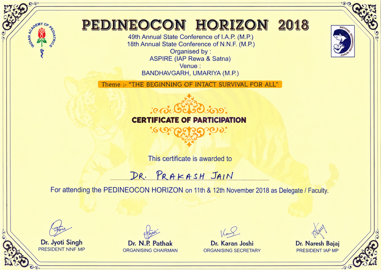 PEDINEOCON HORIZON 2018 certificate of participation awarded to Dr. Prakash Jain